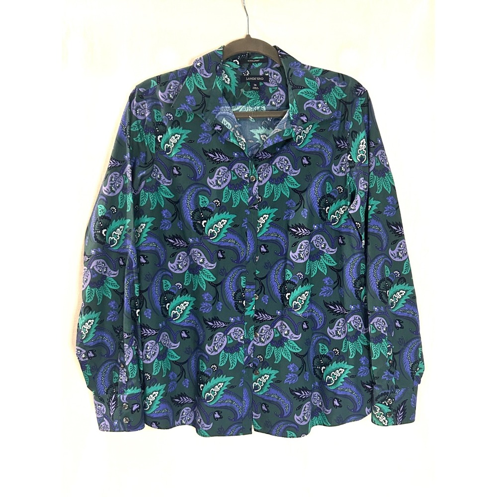 Lands End No Iron Supima Cotton Shirt Womens 14 Green Purple Paisley Button Down